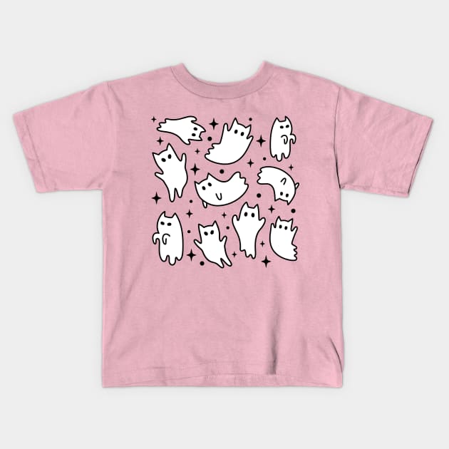 Cute Pastel Goth Kawaii Ghost Cats Pink Pattern Kids T-Shirt by PUFFYP